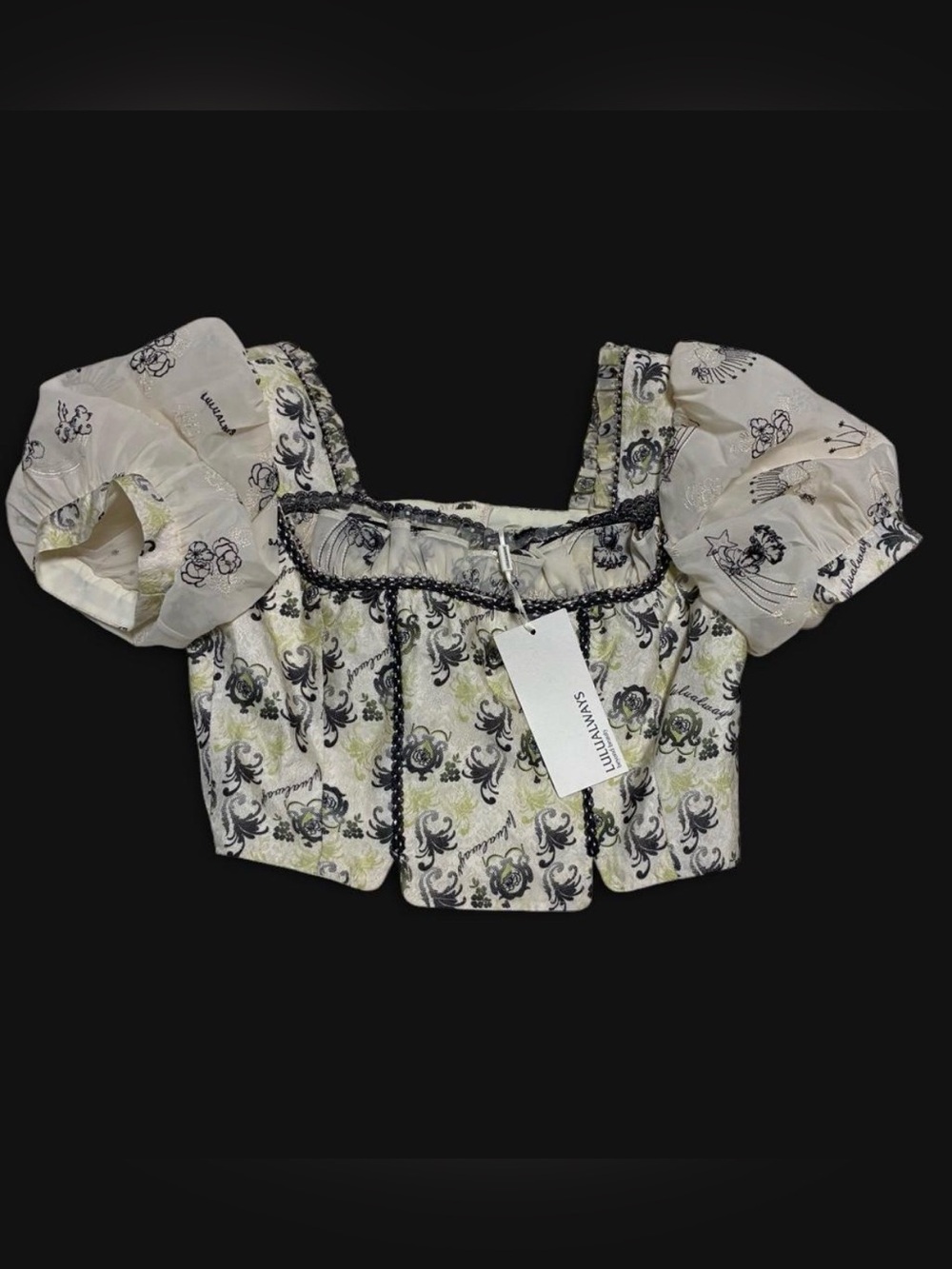 Lulualways White Floral Puff-Sleeve Square-Neck Crop Top - size M